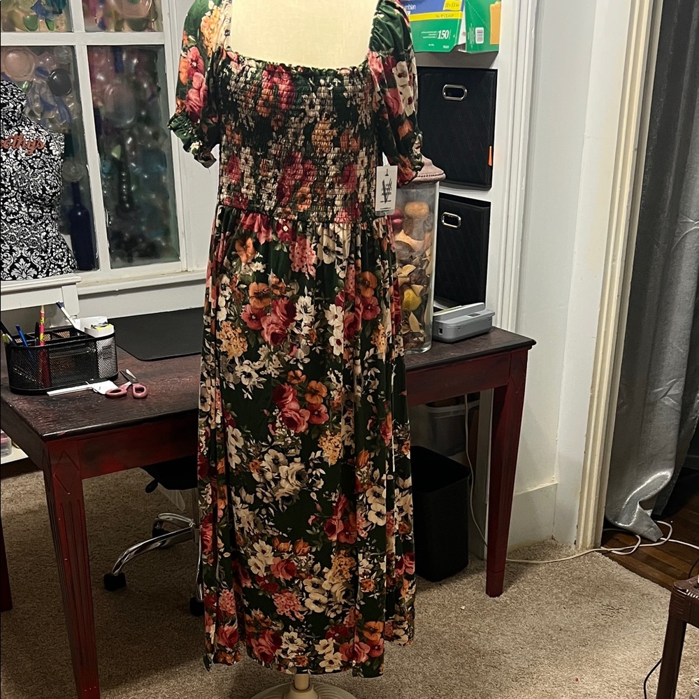 Vibe Dark Green Floral Maxi Dress with Rust and Cream Accents